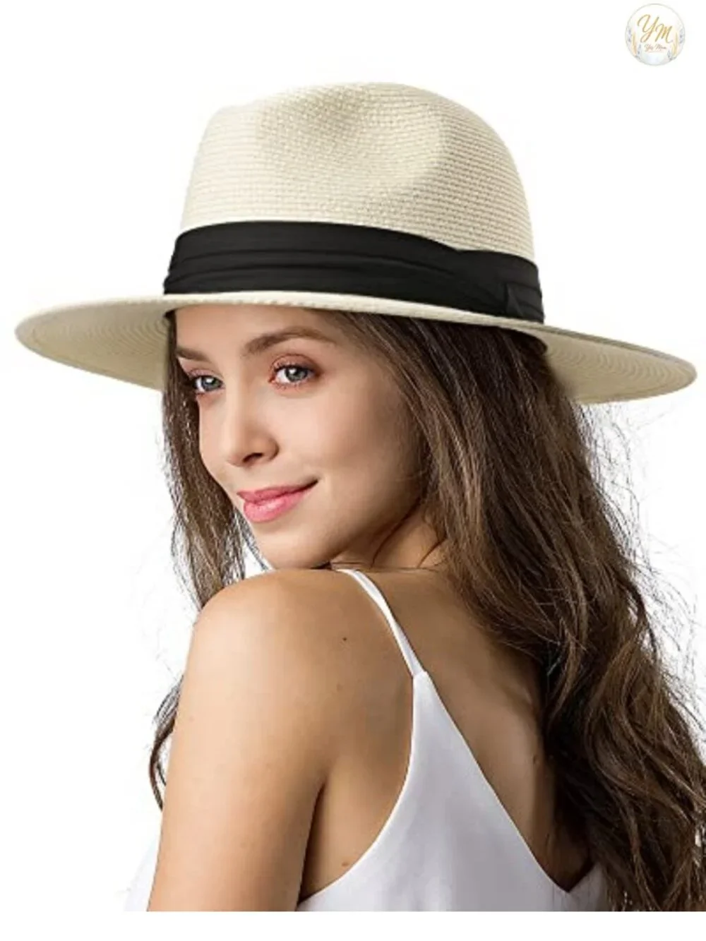 Wide Brim Straw Panama Fedora Hat with Ribbon Trim, UPF Protection, Adjustable